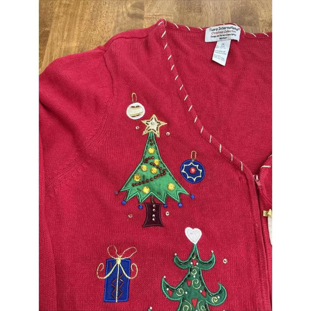 Tiara International Zip Cardigan Sweater Women 2X Christmas Trees Beaded Novelty - Picture 3 of 12